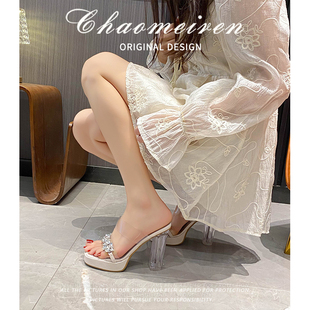 配裙子凉拖鞋女夏季外穿水钻舒适一字带高跟鞋厚底不累脚水晶粗跟