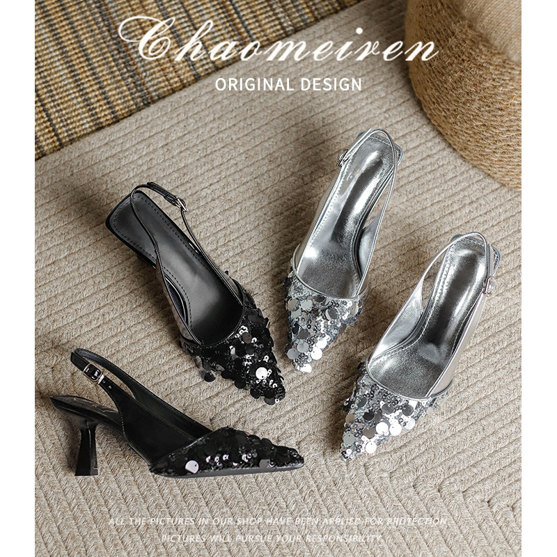 小猫跟包头凉鞋子春夏季2025新款尖头亮片细跟高跟鞋女士时装凉鞋