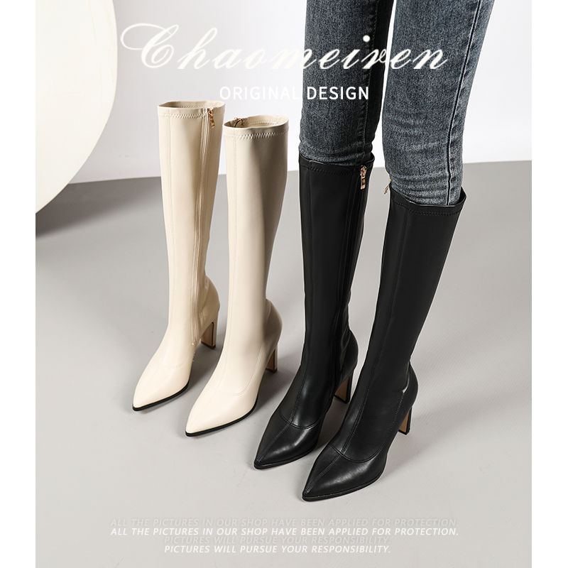 长筒靴女2025年秋冬季新款高跟显瘦弹力瘦瘦靴尖头粗跟高筒靴长靴