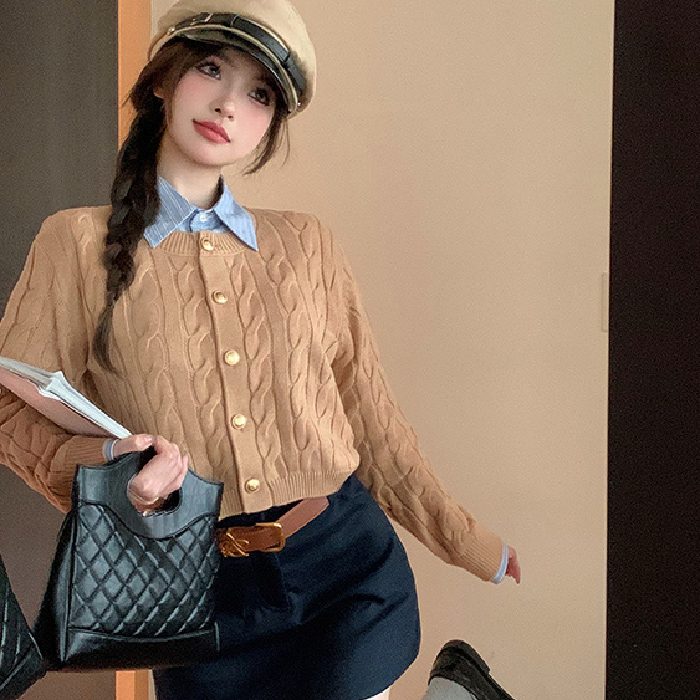 学院风长袖麻花针织小开衫女装秋季修身短款毛衣外套小众外搭上衣