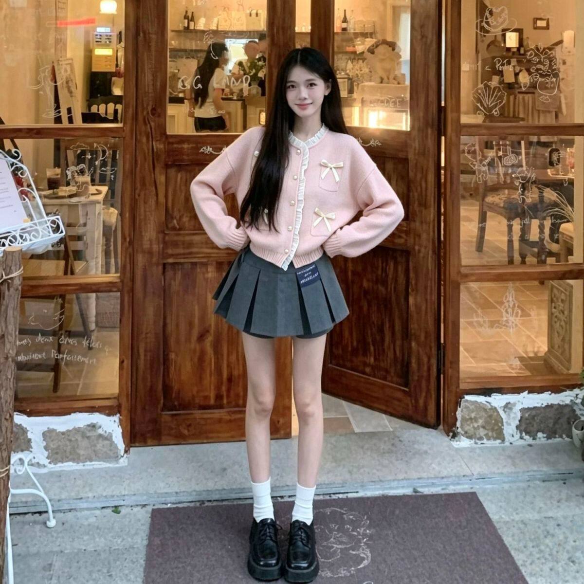 韩系粉色木耳边针织开衫女秋冬季短款蝴蝶结小香风甜美学院风外套