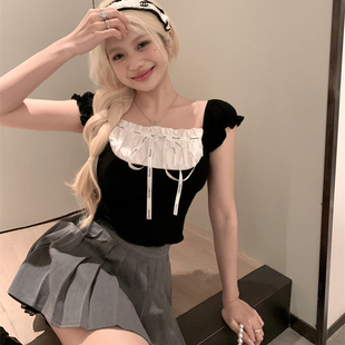 甜辣妹短袖 气质减龄薄纯欲风上衣 荷叶边系带方领针织衫 女2025夏季