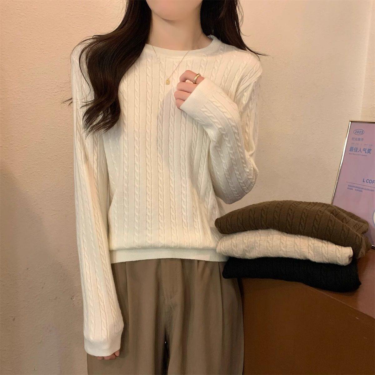 韩版杏色麻花针织衫女装春季设计感纯色毛衣宽松套头内搭长袖上衣