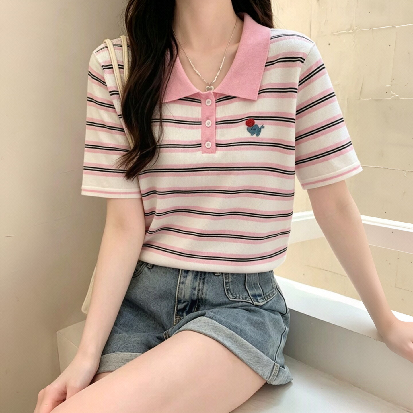 粉领撞色条纹Polo针织短袖女夏季小象刺绣薄款冰丝修身百搭上衣潮