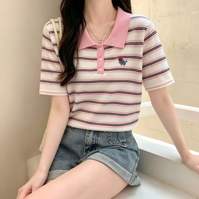 粉领撞色条纹Polo针织短袖女夏季小象刺绣薄款冰丝修身百搭上衣潮