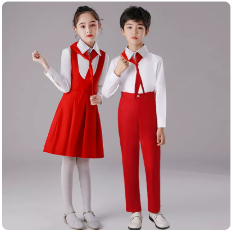 中国风儿童演出服红色幼儿舞蹈服万疆红歌表演中小学生合唱朗诵服