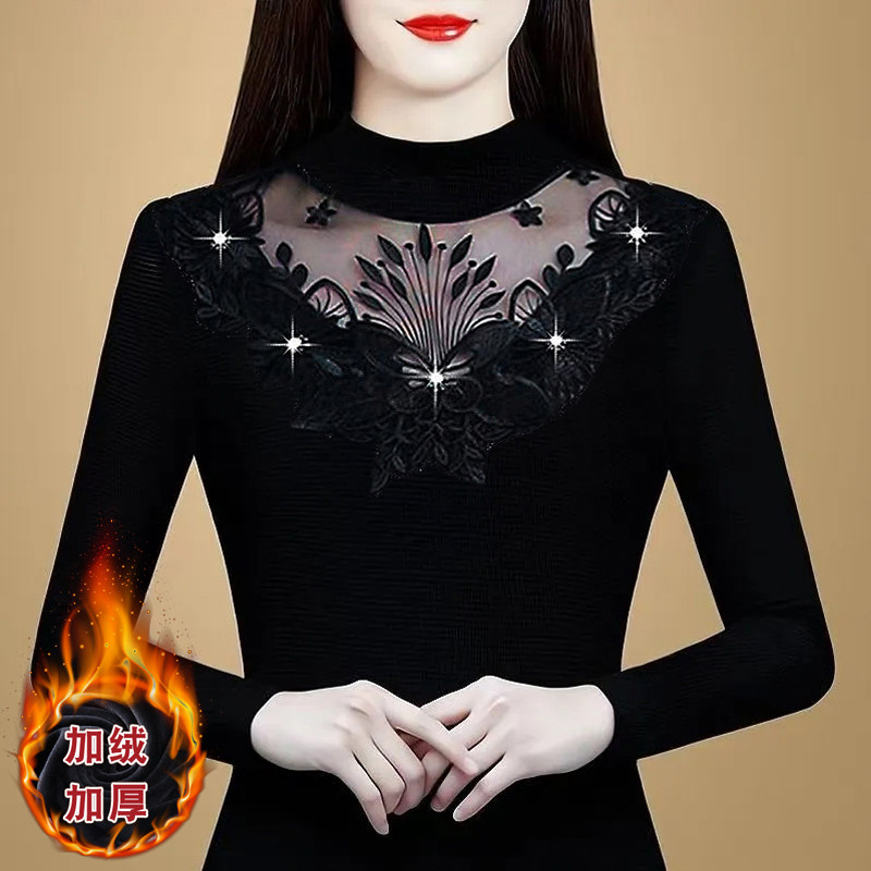高端气质妈妈蕾丝打底衫女长袖加绒加厚保暖冬季新款女士大码上衣