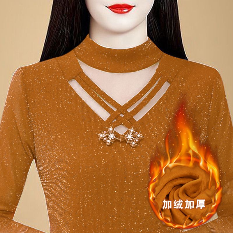 加厚加绒蕾丝打底衫妈妈保暖女装
