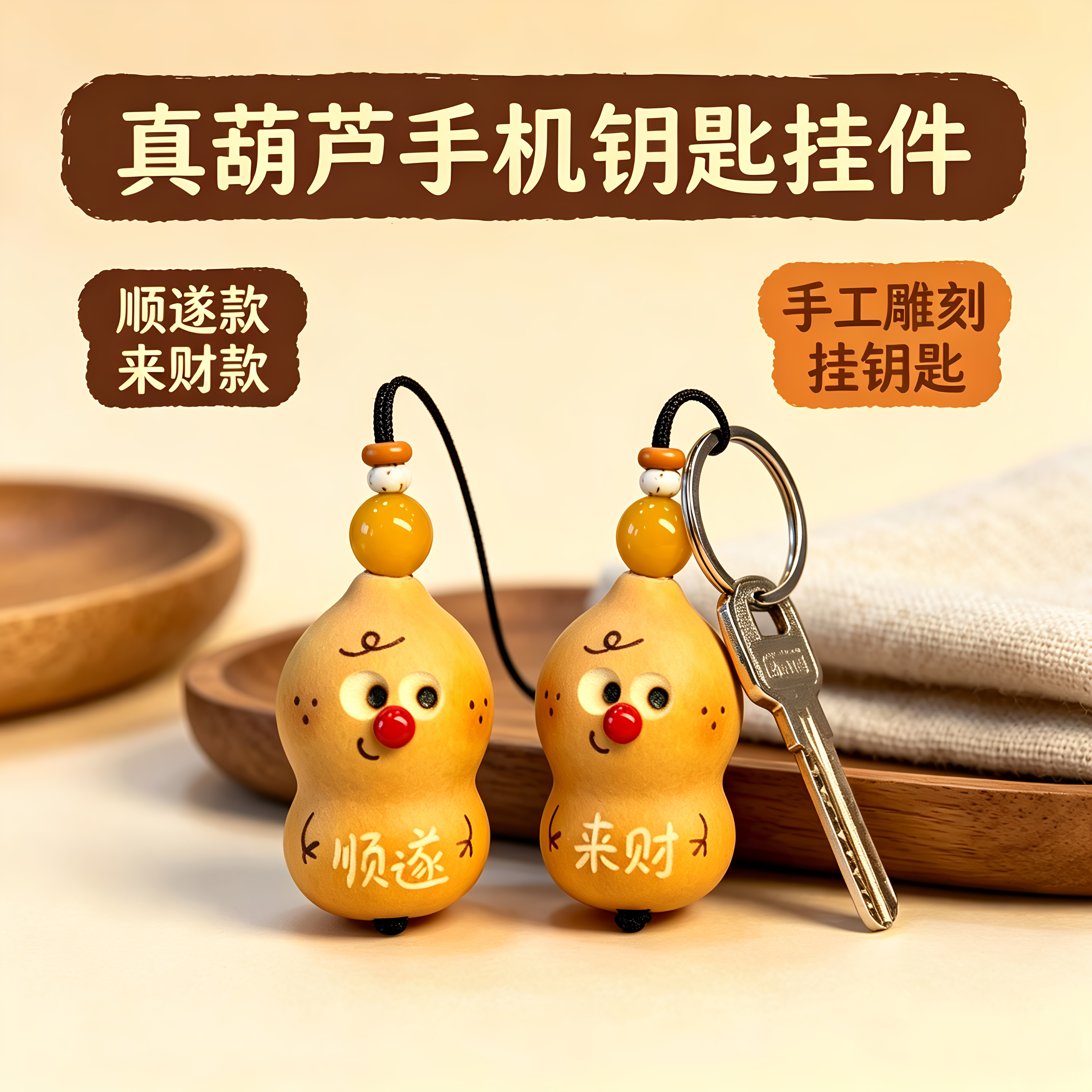 天然手工文玩烙画卡通葫芦手机挂件雕刻草里金创意招财钥匙扣可爱