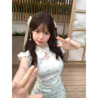 绿色新中式小飞袖连衣裙女夏季短款收腰显瘦提花改良国风旗袍