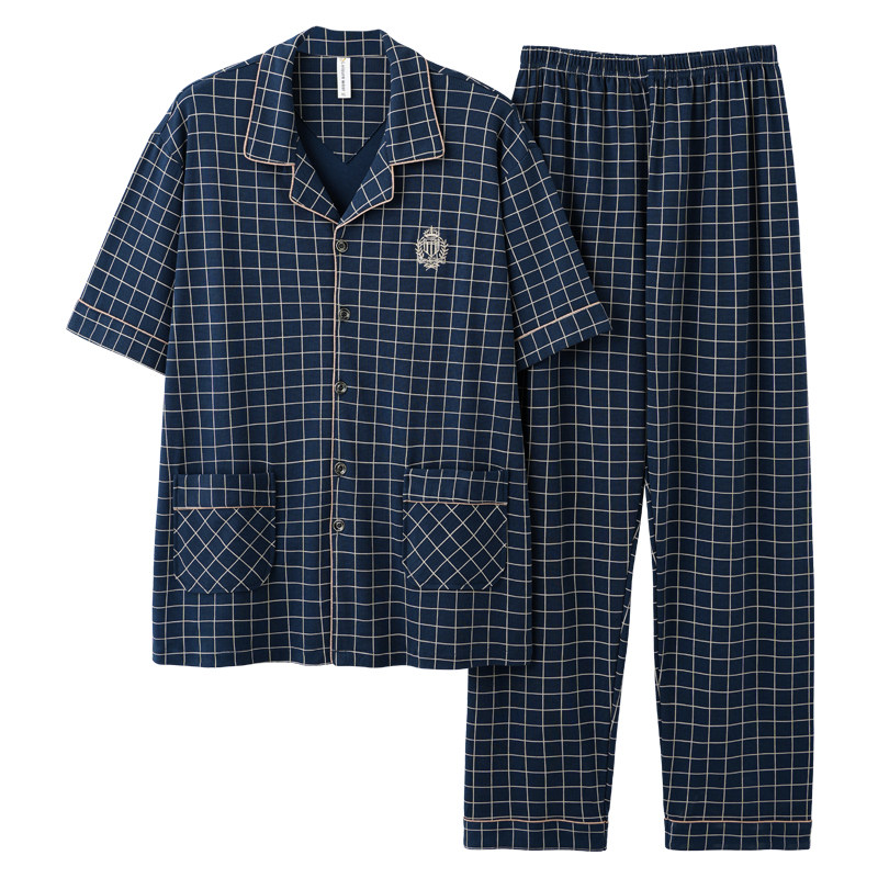 男士睡衣夏季100纯棉短袖长裤加肥加大爸爸夏款全棉家居服套装4XL