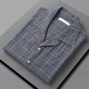 高档100%纯棉2026新品春秋季男长袖全棉睡衣套装家居服开衫款格子