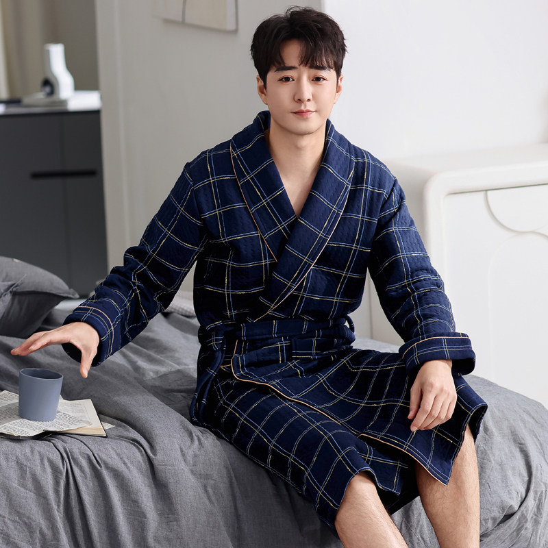 秋冬季100%纯棉男士睡袍浴袍中厚保暖睡衣纯棉夹层加大码全棉男款