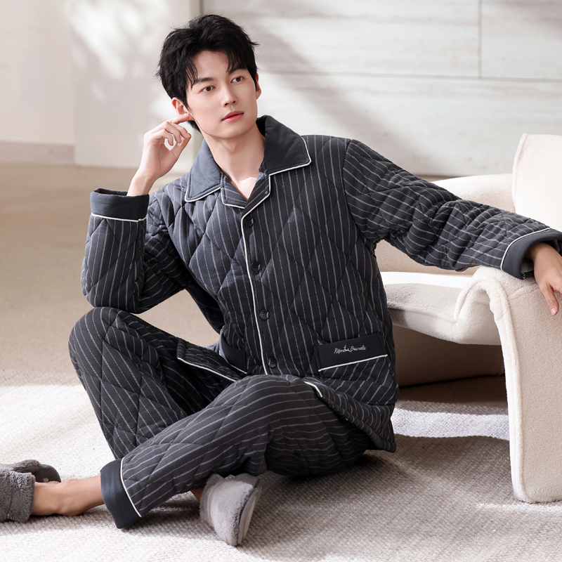 抗静电里外100纯棉夹棉男睡衣保暖加厚冬款棉袄全棉家居服套装4XL