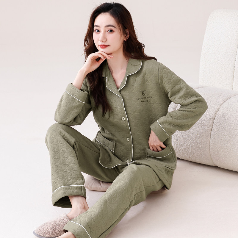 女士睡衣空气棉夹层100纯棉加厚长袖秋冬季套装加大码家居服春秋
