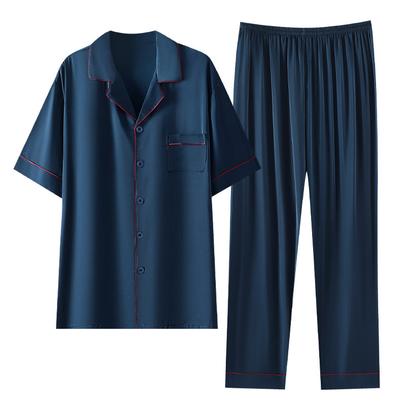 新品睡衣男夏季薄款冰丝短袖长裤凉感仿真丝绸大码家居服套装4XL