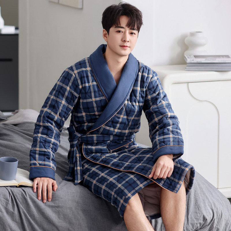 睡袍男士冬季三层加厚长款100%纯棉夹棉男款睡衣浴袍加大码可外穿