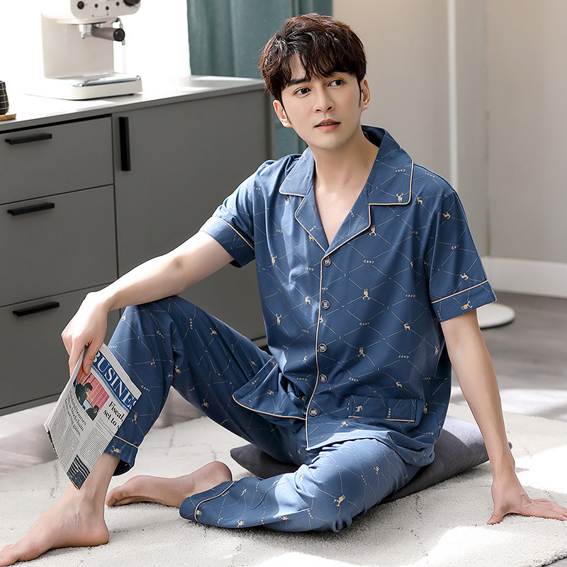男士睡衣夏季100%纯棉短袖长裤加肥加大中老年爸爸夏款家居服套装