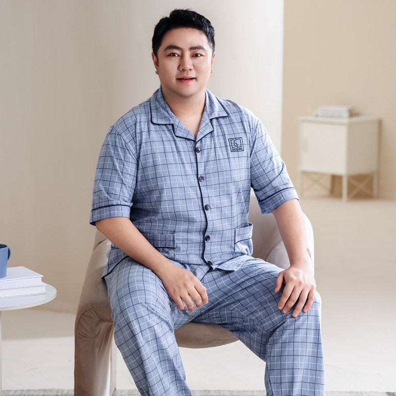 加肥加大睡衣男夏季100纯棉短袖长裤薄款全棉家居服套装350斤7XL