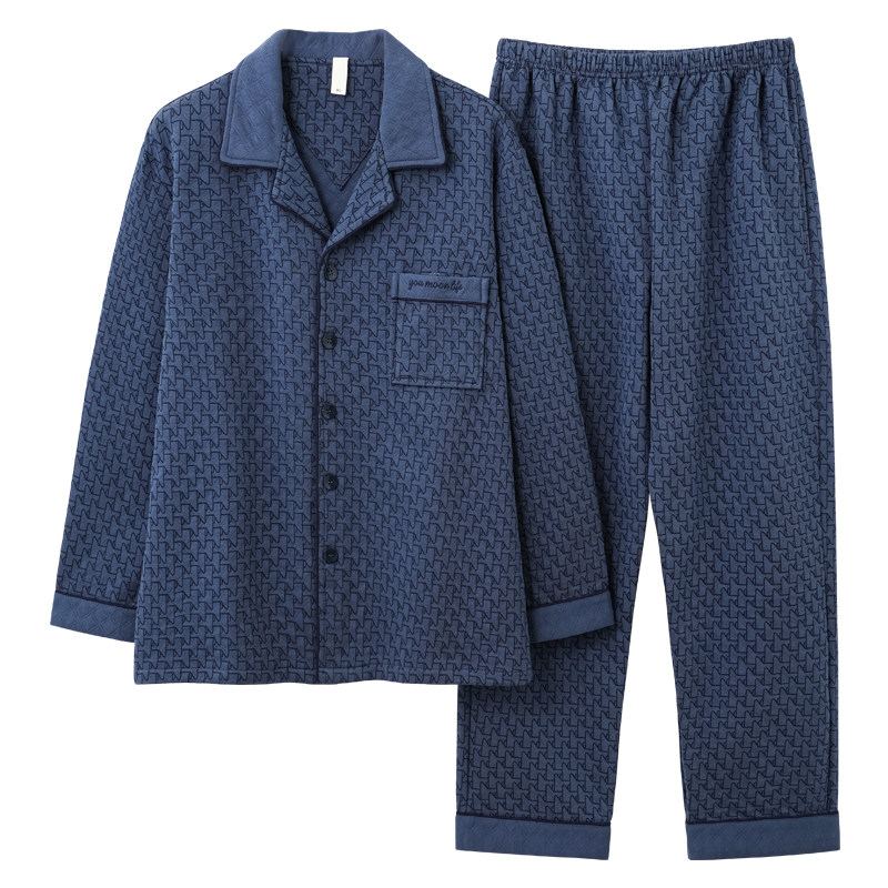 100纯棉睡衣男士秋冬季中厚夹层可外穿家居服薄夹棉加大码4XL