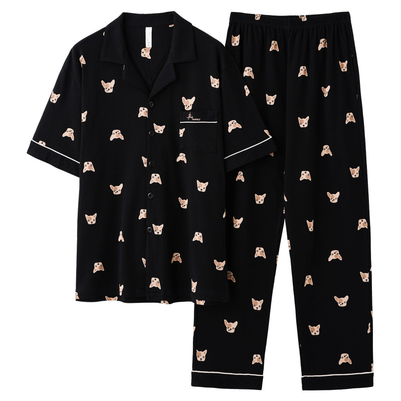 睡衣男士夏季100纯棉短袖长裤男款加肥加大码男夏款全棉家居服4XL