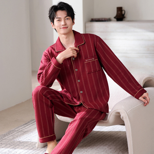 空气棉睡衣男士100纯棉春秋季加厚中老年爸爸夹层中厚家居服套装