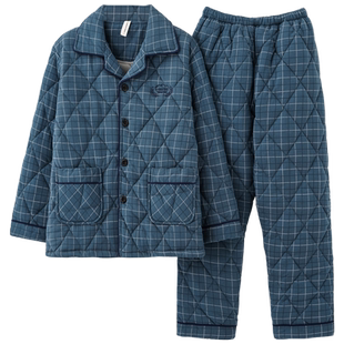 100%纯棉三层加厚夹棉冬季男士睡衣棉袄秋冬款男式大码居家服套装