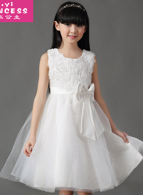 新款童装女童连衣裙儿童礼服公主裙夏演出蓬蓬裙白色婚纱裙子主持