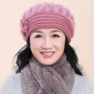 冬季中老年人帽子女冬中年妈妈针织帽时尚韩版兔毛线帽秋季贝雷帽