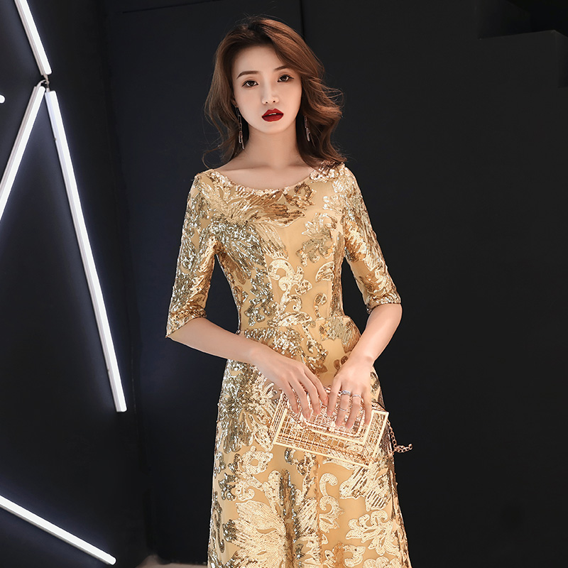 晚礼服金色亮片2019秋冬新款长款女宴会主持人高端年会中袖酒红色(非品牌)