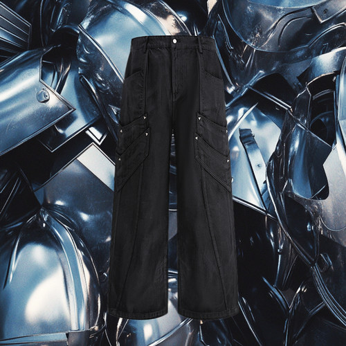 UPGREATED贺峻霖穆祉丞同款街头百搭盔甲刷蜡口袋直筒骑士牛仔裤