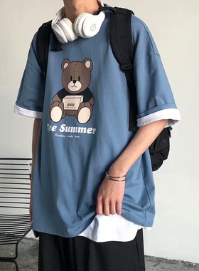 小熊印花t恤男宽松短袖ins超火cec潮男衣服百搭夏季学生5五分半袖