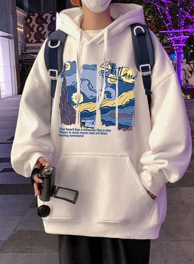 连帽卫衣男青少年美式日系潮牌落肩春秋冬季加绒加厚宽松cityboy