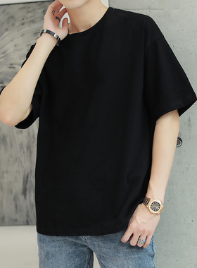 短袖T恤衫男夏季衣服青少年男装体恤潮流韩版宽松纯黑色五分半袖t