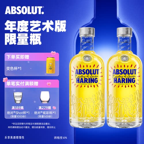 ABSOLUT绝对伏特加洋酒Keith Haring艺术瓶*2组合套装调酒进口新