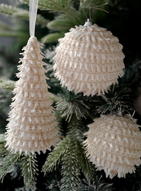 圣诞树挂件ins风白色异形球吊球8/10cm圣诞球毛绒裙边球挂饰