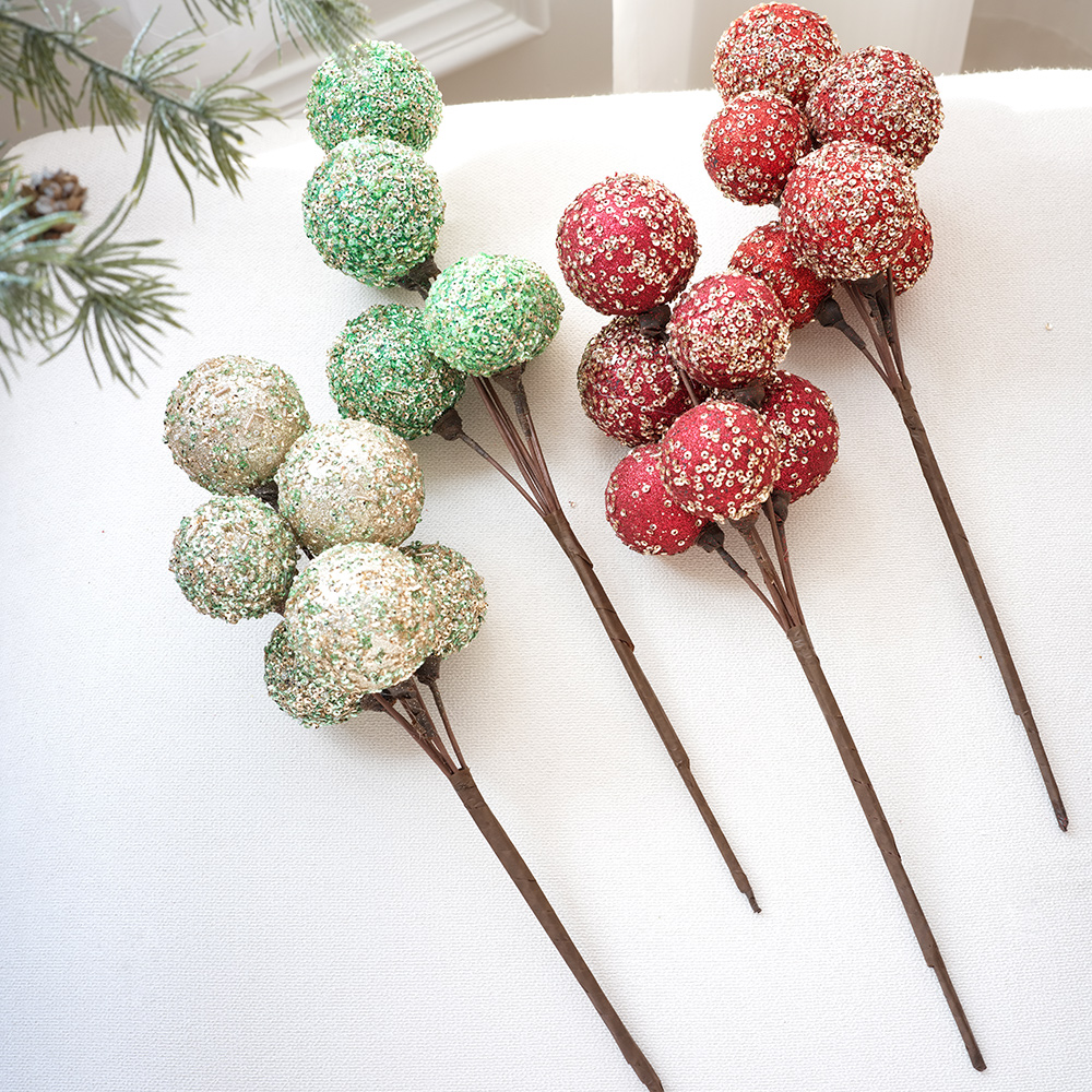 圣诞树装饰品挂件香槟红色绿色瓶插桌面装饰粘粉亮片花束果子插枝