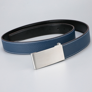 不锈钢皮带男士真皮细纹3.2深蓝色荔枝纹牛皮平滑扣裤腰带T40064