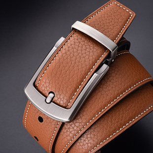 双面皮带男士 真皮青年针扣棕黄荔枝纹3.4头层牛皮休闲牛仔腰带651