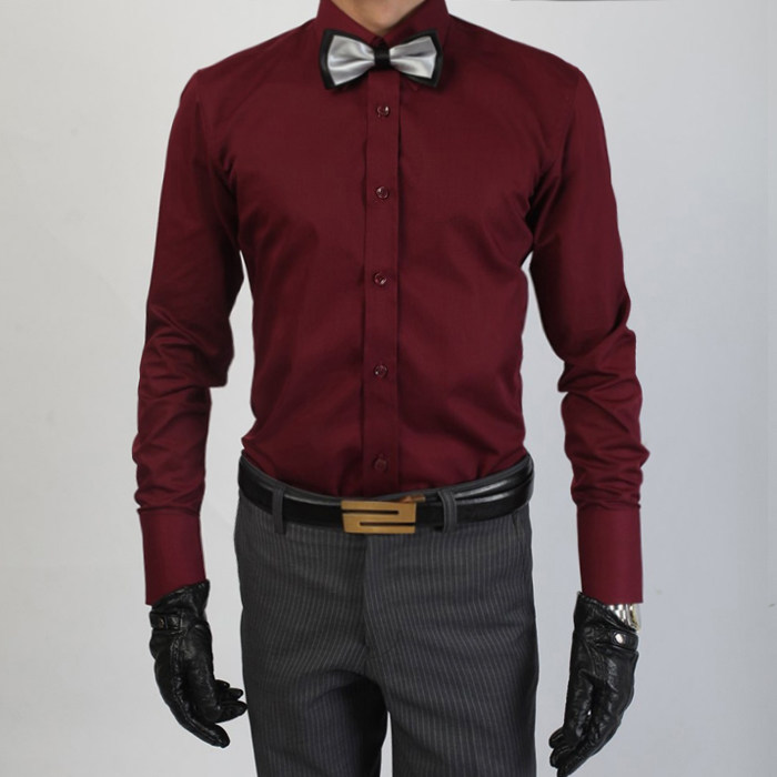 男衬衫尖领宽领暗红色长袖上班婚宴结婚衬衣商务免烫英伦修身寸衣