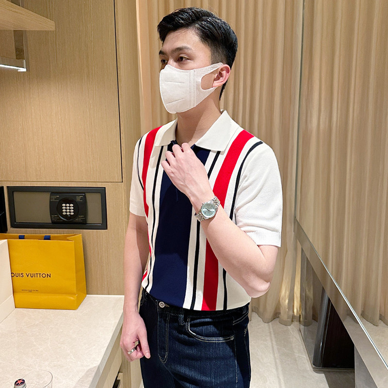 法式时尚商务翻领t恤针织短袖男 夏季新款高级拼色条纹男士polo衫