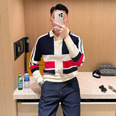 时尚 polo衫 高端翻领针织衫 英伦雅痞男装 秋冬新款 复古拼色修身 男款