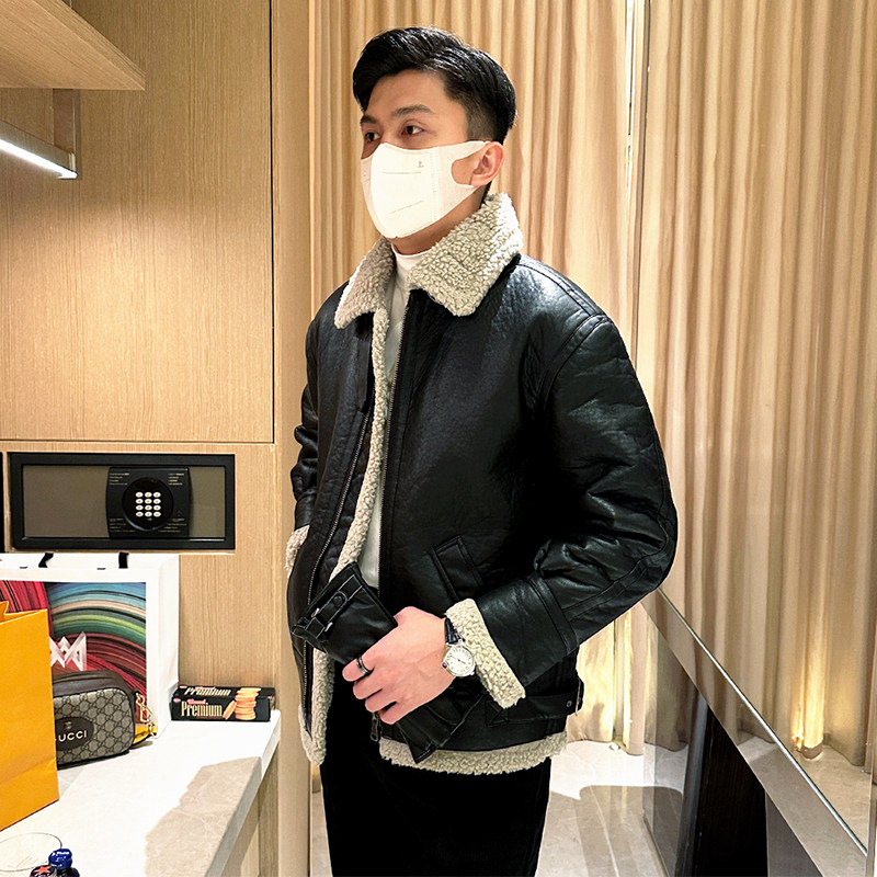 皮毛一体英伦复古翻领外套皮夹克