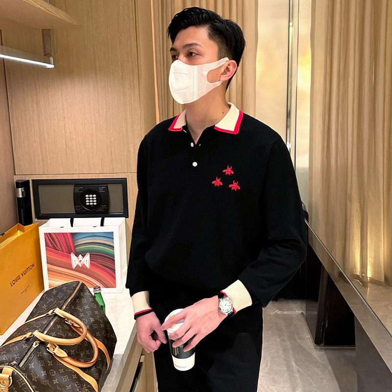秋冬款长袖小蜜蜂刺绣polo衫轻奢