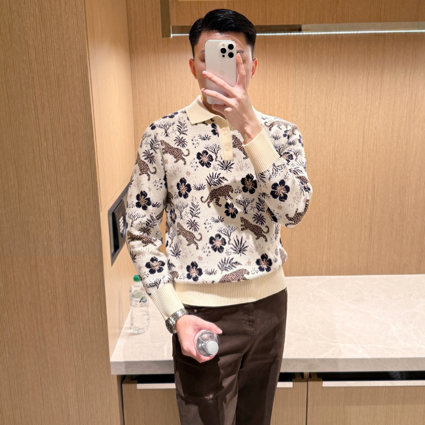 法式奢侈男装雅痞复古修身polo衫男秋冬奢华图案提花翻领针织上衣