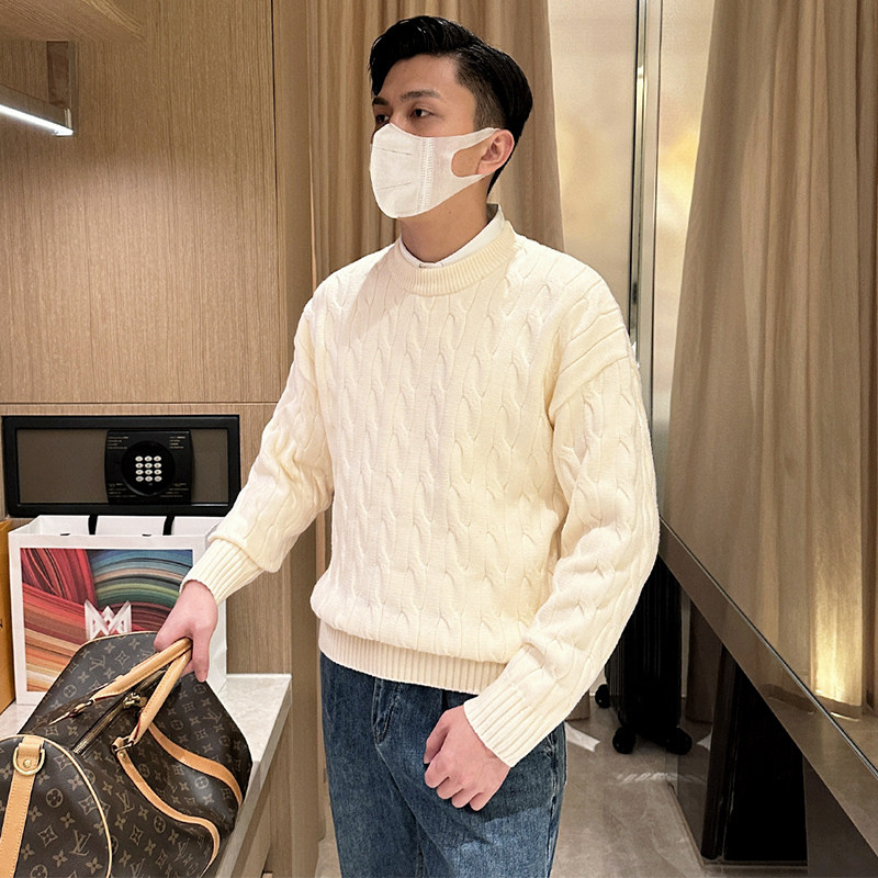 时尚复古重磅粗针麻绳扭花针织衫男加厚保暖休闲绞花毛衣男款冬季