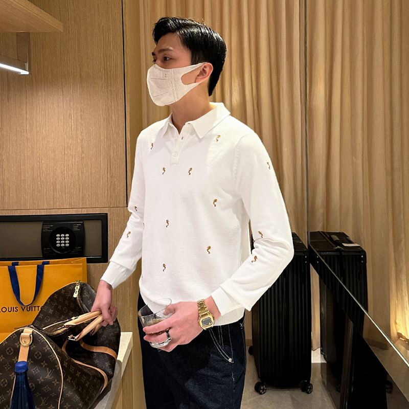 秋冬长袖商务复古海马刺绣polo衫