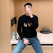 休闲复古衣服男狗狗刺绣针织衫 高级黑色圆领毛衣男款 上衣冬季 新款
