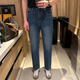 高级休闲牛仔裤 秋季 男直筒 时尚 新款 复古水洗潮流蓝色裤 子男九分裤