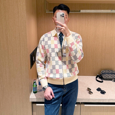 开衫针织衫翻领菱格拼色毛衣外套